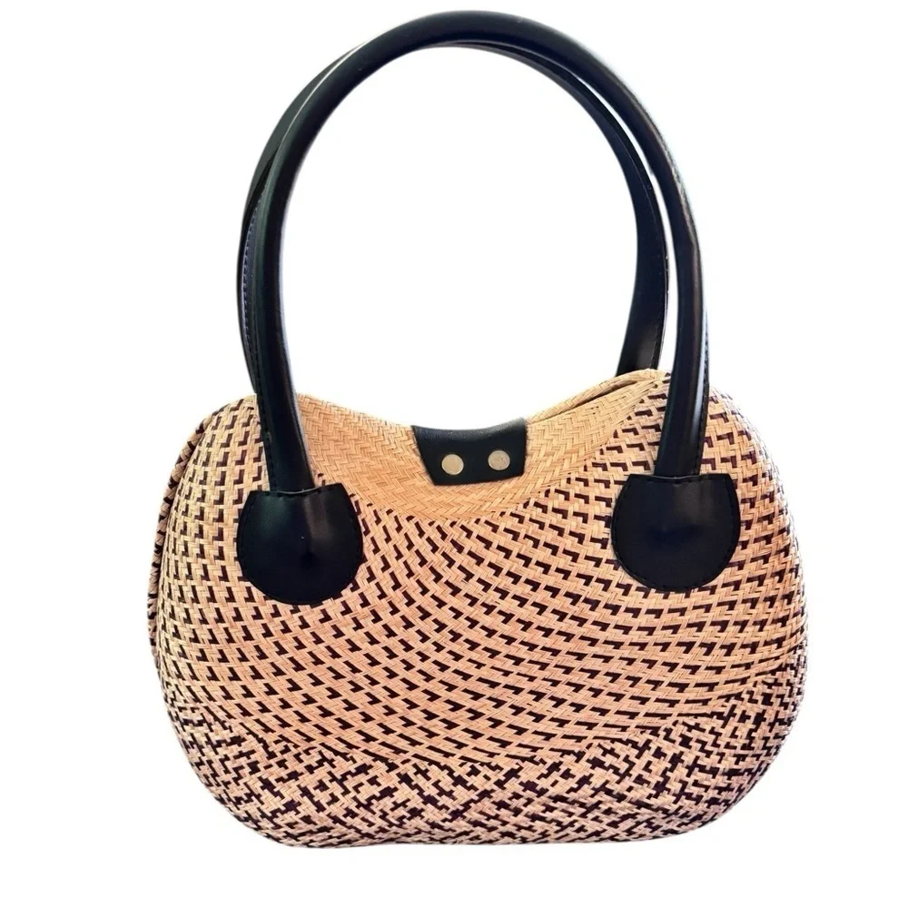 VTG 1980's Hard Shell Woven Straw Clutch Vegan Leather Handles Twist Lock 12X10